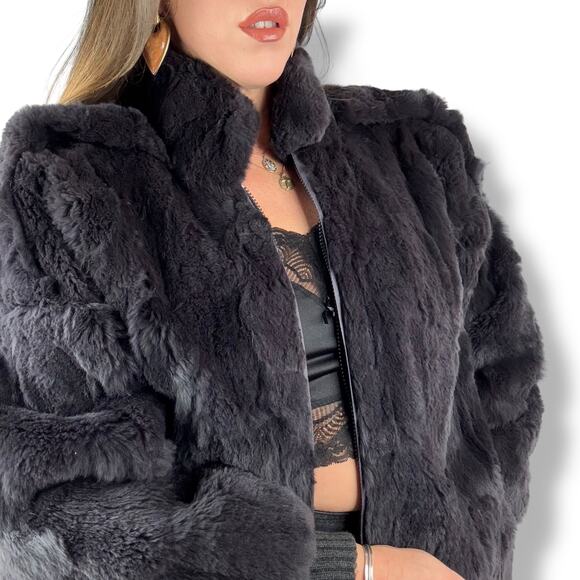 Vintage Jackets & Blazers - 1980's batwing black Rex rabbit fur coat